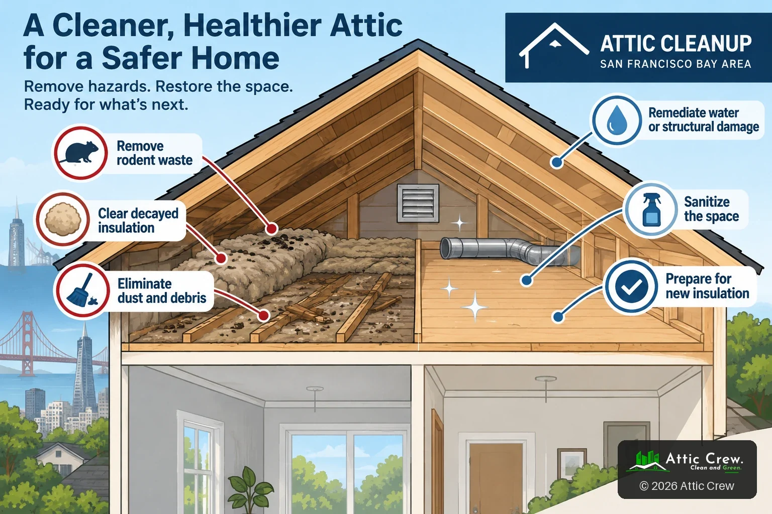 Cutaway infographic of an attic, half contaminated and half cleaned: remove rodent waste, clear decayed insulation, eliminate dust and debris, remediate water or structural damage, sanitize, prepare for new insulation.