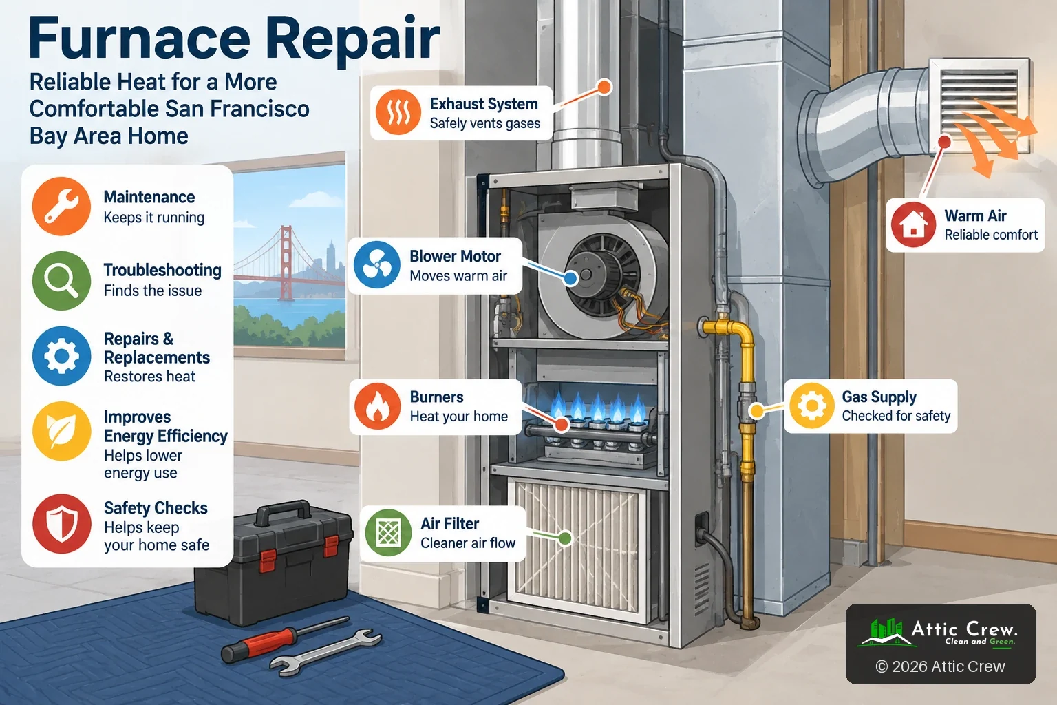 Labeled cutaway of a gas furnace showing the exhaust system, blower motor, burners, air filter, gas supply and warm-air supply, with Attic Crew's furnace services: maintenance, troubleshooting, repairs and replacements, efficiency improvements and safety checks.