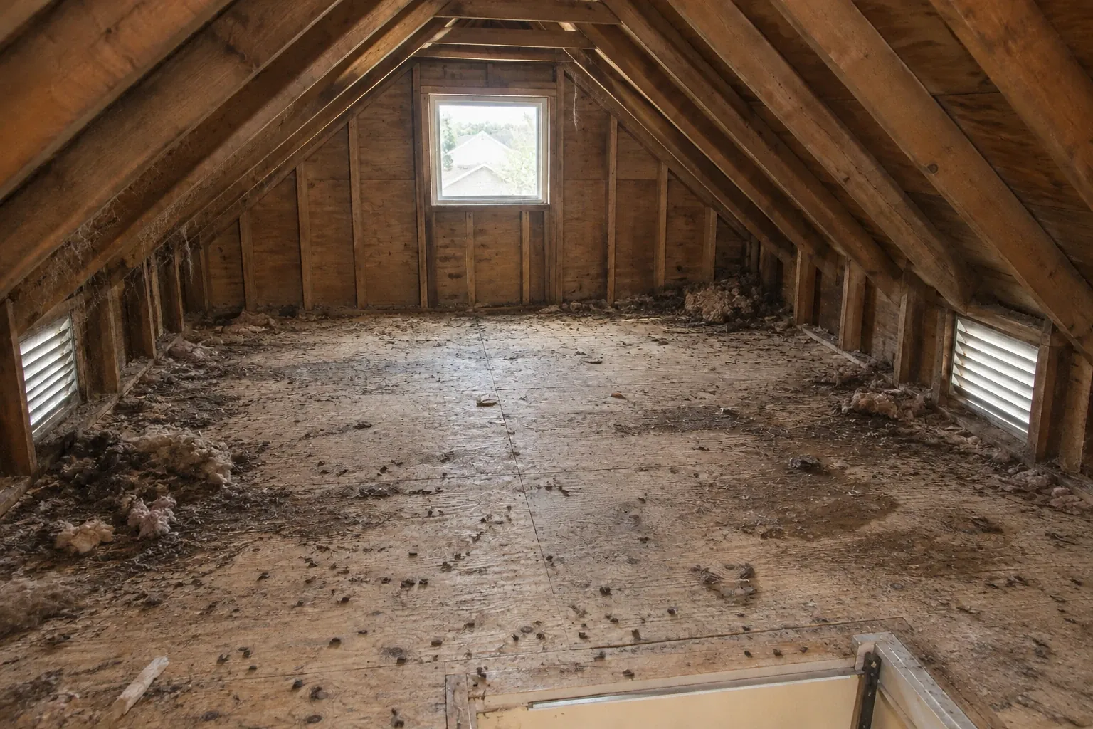 Before: Droppings, nesting debris and decayed insulation across the attic floor.