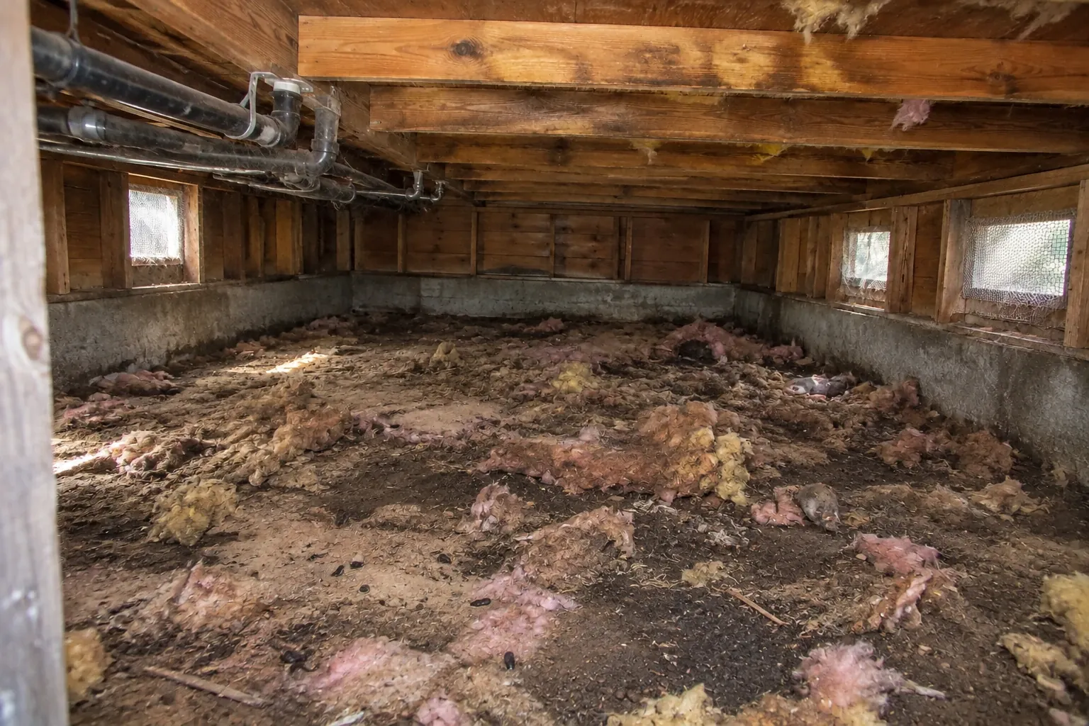 Before: Fallen, rodent-soiled insulation and debris covering the crawl space floor.