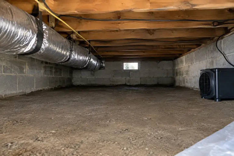 Rodent debris removed from a crawl space, after: Crawl space cleared down to clean soil, with a dehumidifier running.
