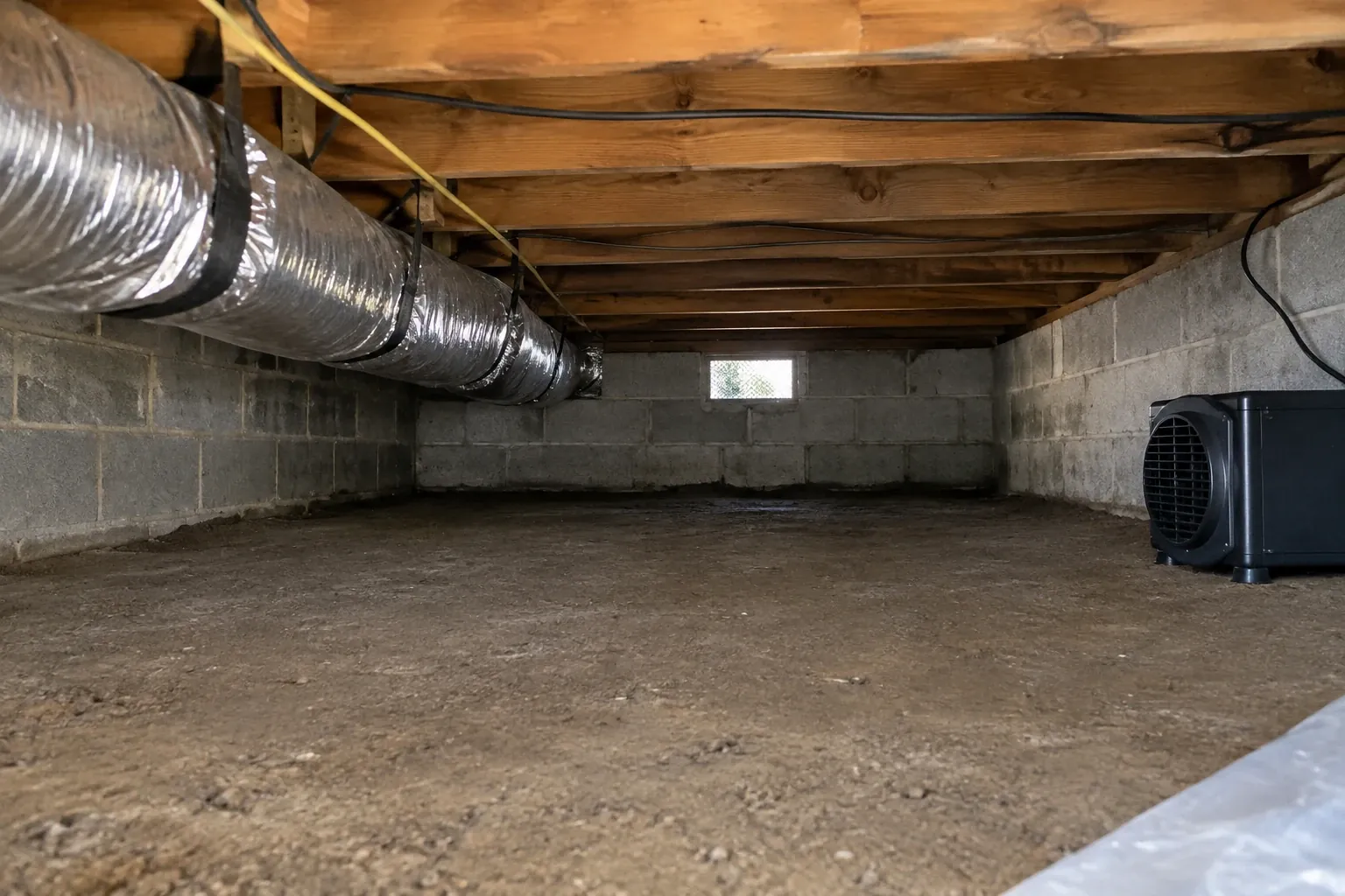 After: Crawl space cleared down to clean soil, with a dehumidifier running.