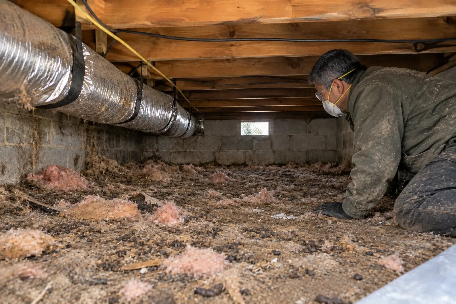 Before: Droppings, nesting material and old insulation under the floor.