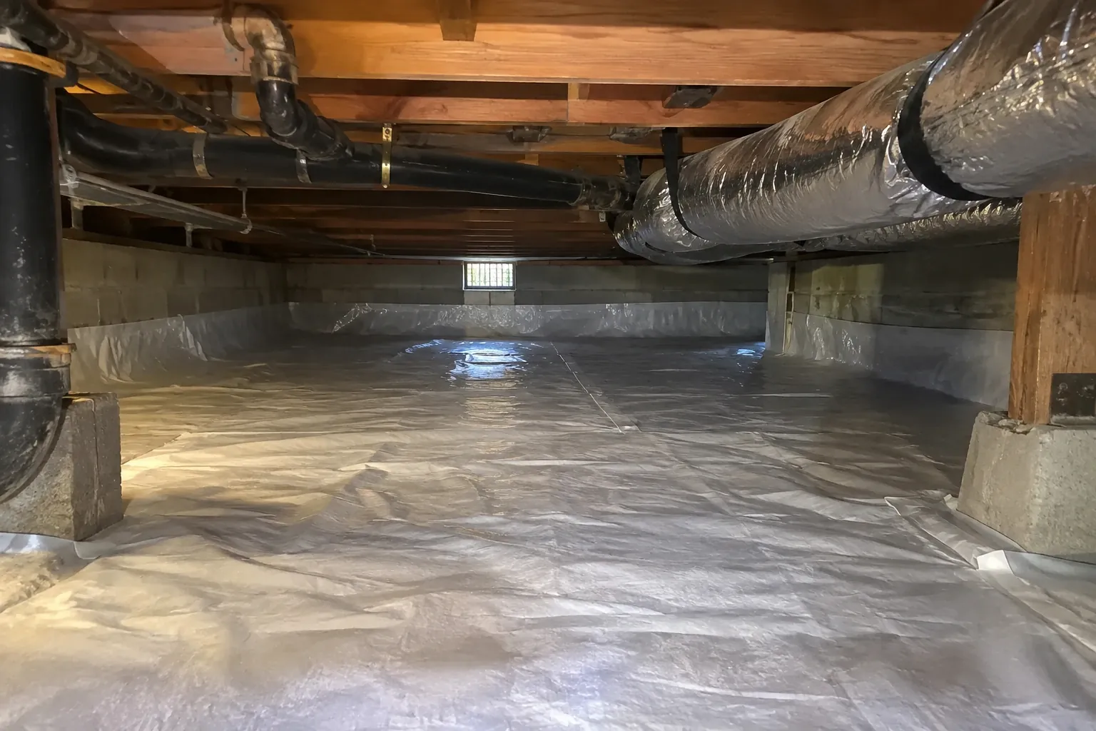 After: Crawl space cleaned and covered with a new vapor barrier.