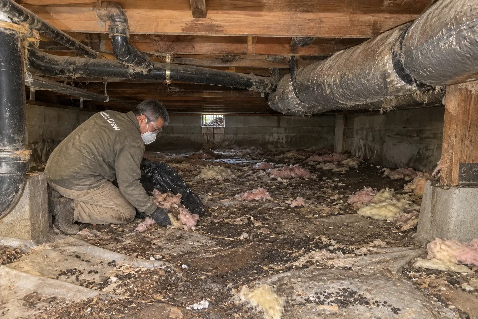 Before: Rodent waste, damaged insulation and debris on the crawl space floor.