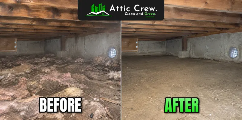 Crawl space cleanup under a raised floor: before and after