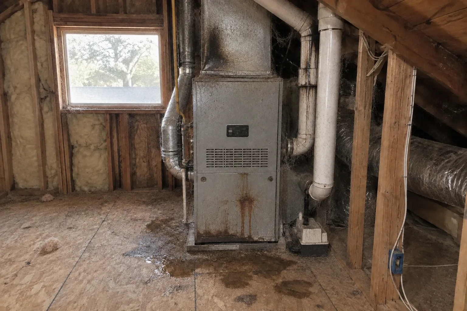 Before: Rusted, soot-stained furnace with water damage on the floor.