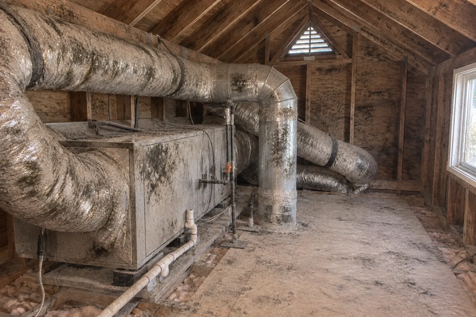 Before: Air handler and ducts coated in dust and mold growth.