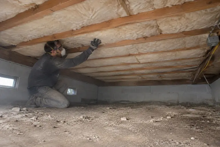 Underfloor insulation replacement, after: Fitting new insulation between the floor joists.