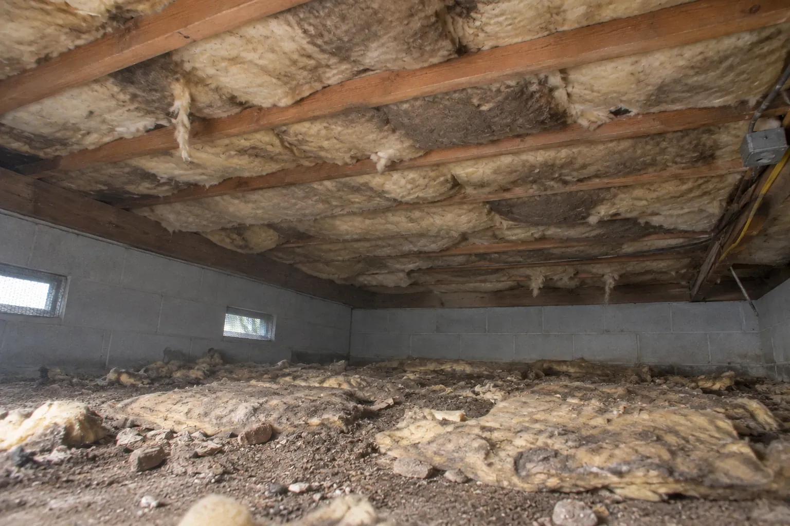 Before: Sagging, worn insulation under a raised floor.
