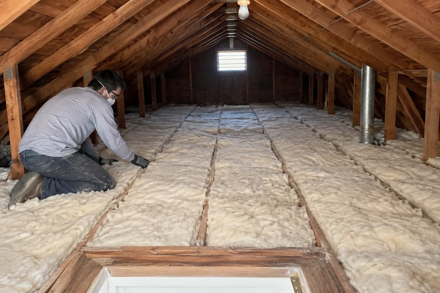 After: New batt insulation installed between the joists.