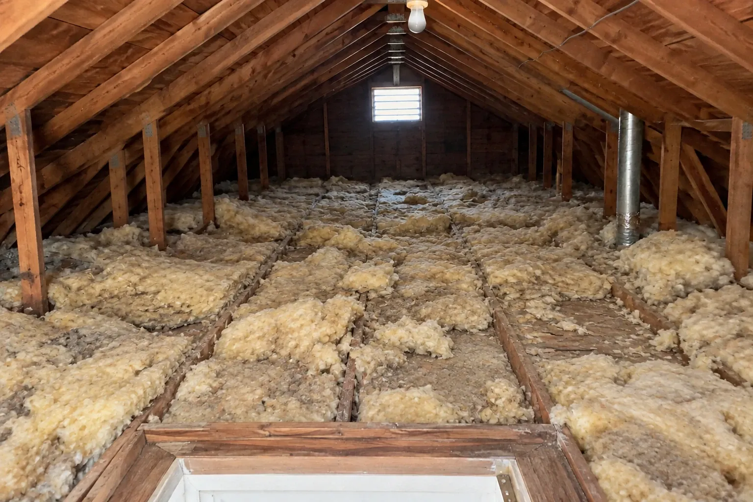 Before: Old, matted fiberglass insulation across the attic floor.