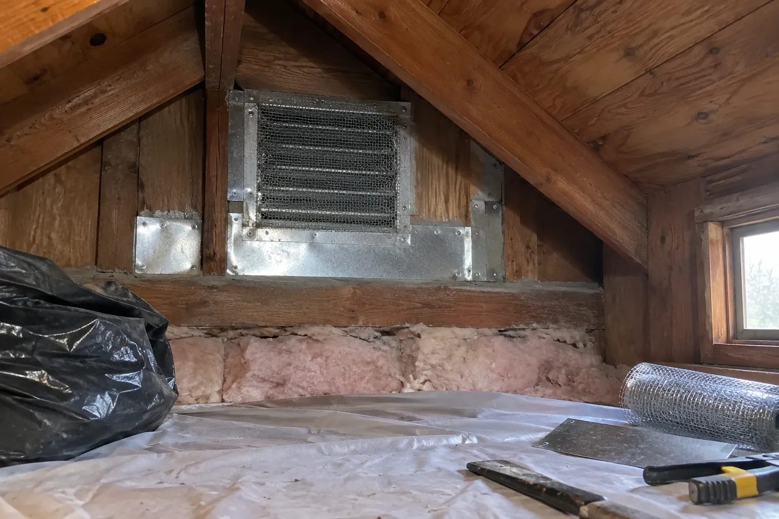 After: Vent re-screened and the gaps closed with galvanized sheet metal.