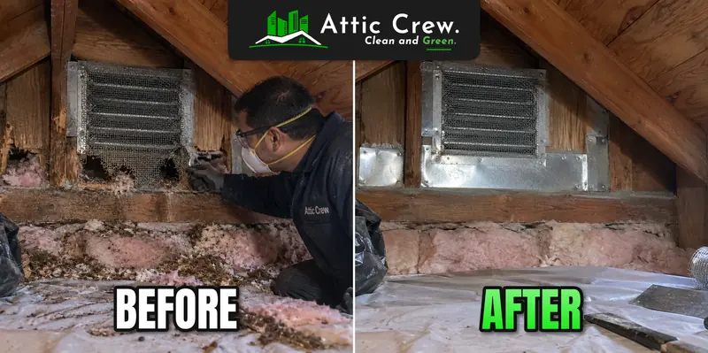 Attic vent sealed with steel mesh: before and after