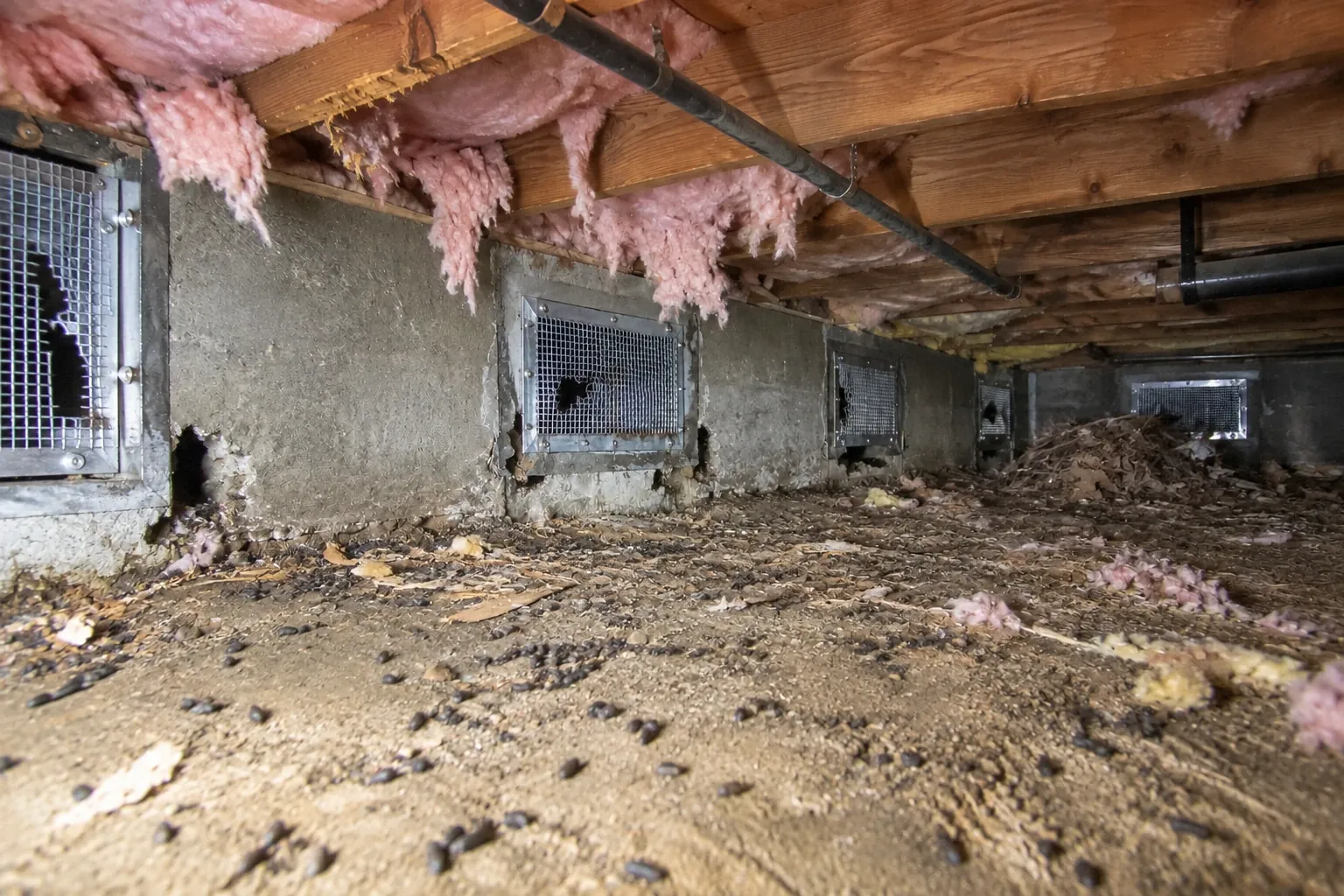 Before: Broken foundation vent screens, gaps along the sill and droppings across the soil.