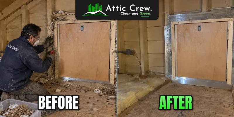 Attic hatch sealed against rodents: before and after