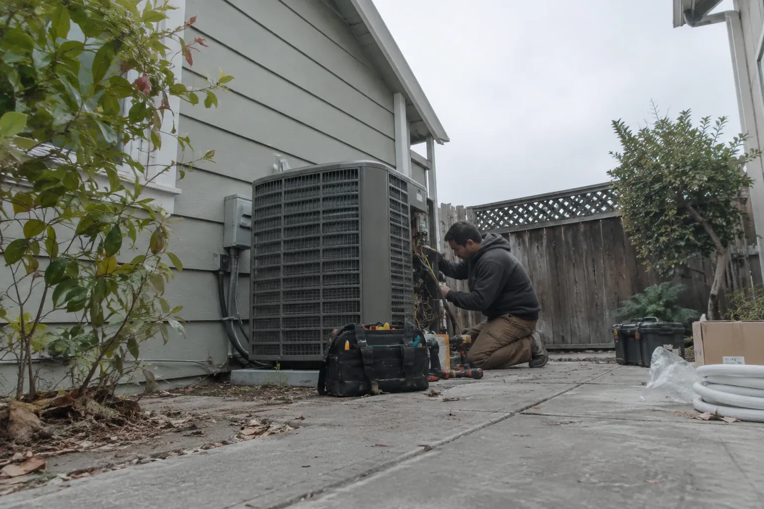 Outdoor AC condenser installed on a pad beside the home.