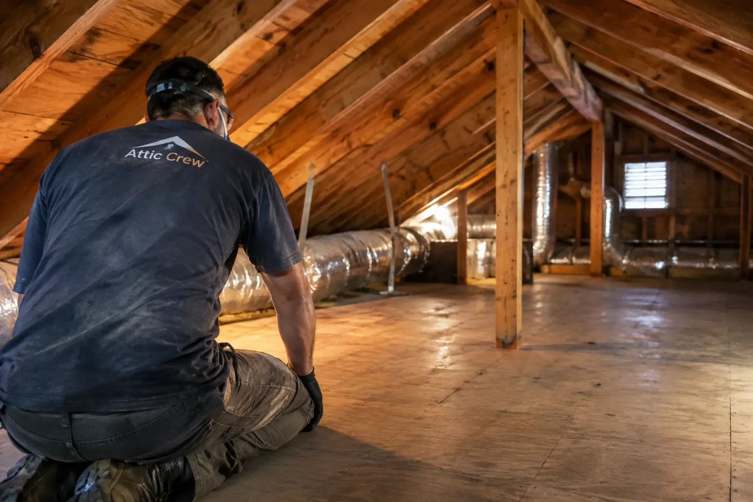 Inspecting a cleaned attic before new insulation goes in.