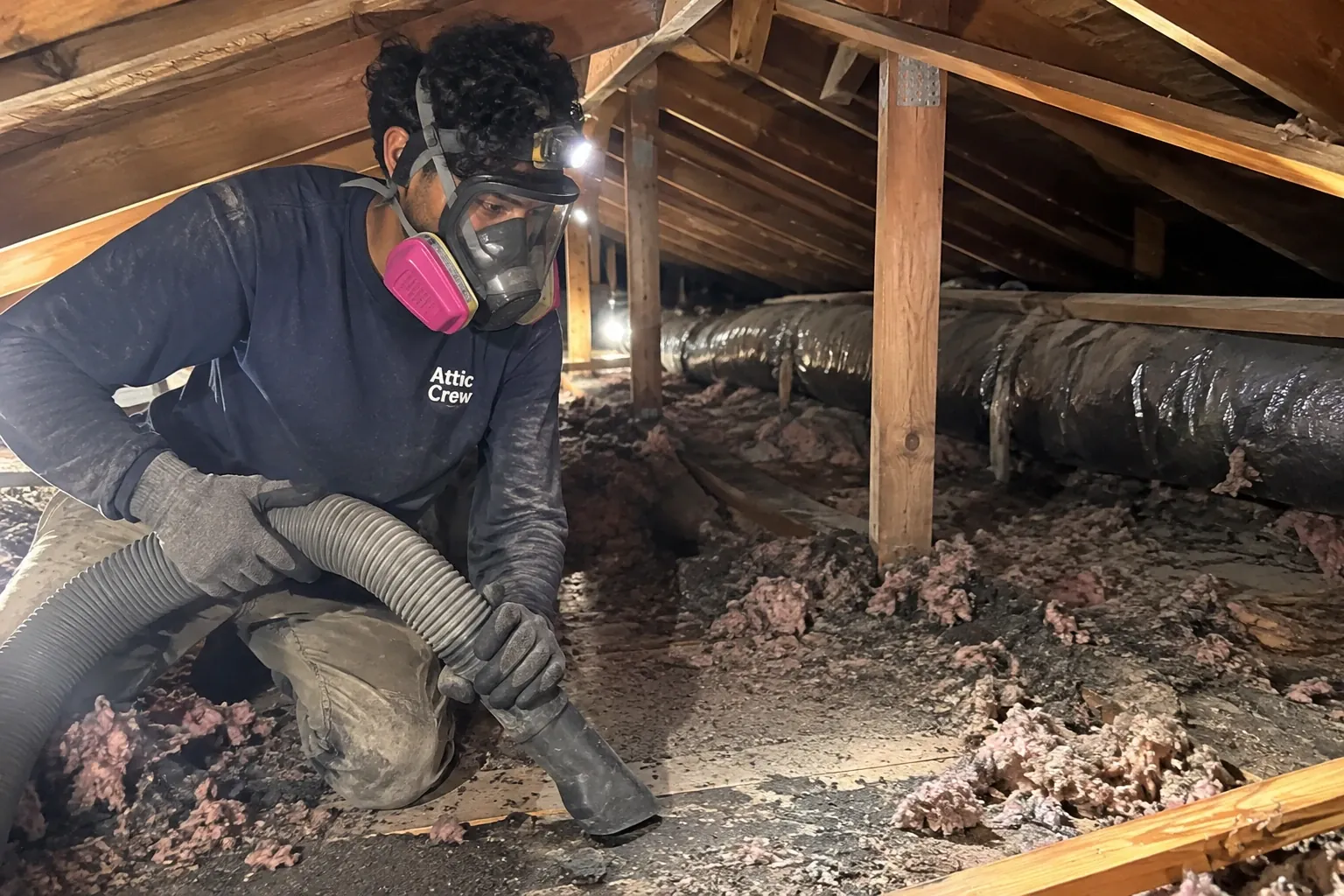 Technician in a respirator vacuuming rodent waste from a contaminated attic