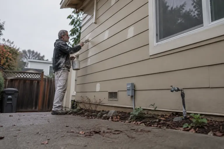 Touching up the patched fill holes on lap siding.