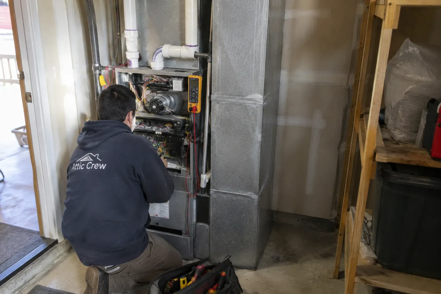 Servicing a furnace in a utility closet.