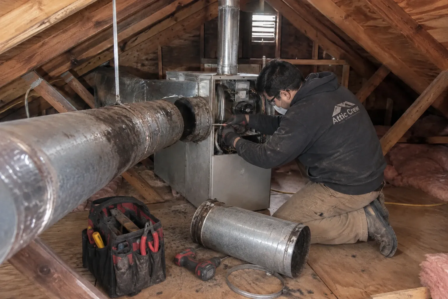 Repairing the supply duct connection on an attic furnace.