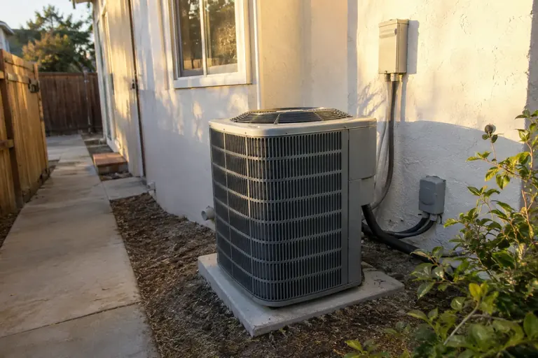 A new air conditioning condenser installed on a pad beside the home.