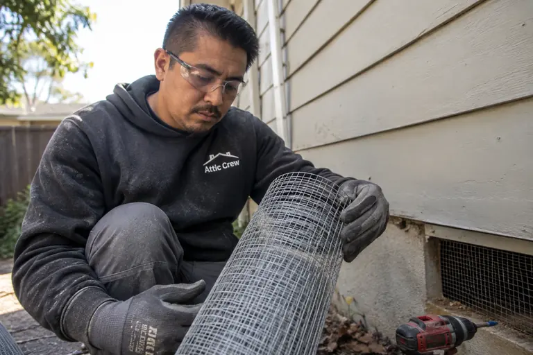 Technician cutting galvanized steel mesh to re-screen a foundation vent.