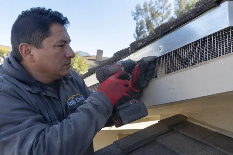 Fastening galvanized steel mesh along an eave vent.