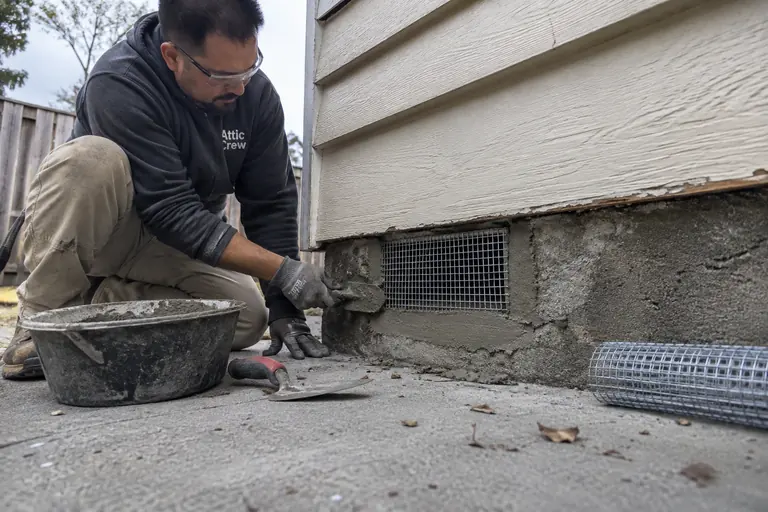 Setting a new mesh screen into a foundation vent with mortar.