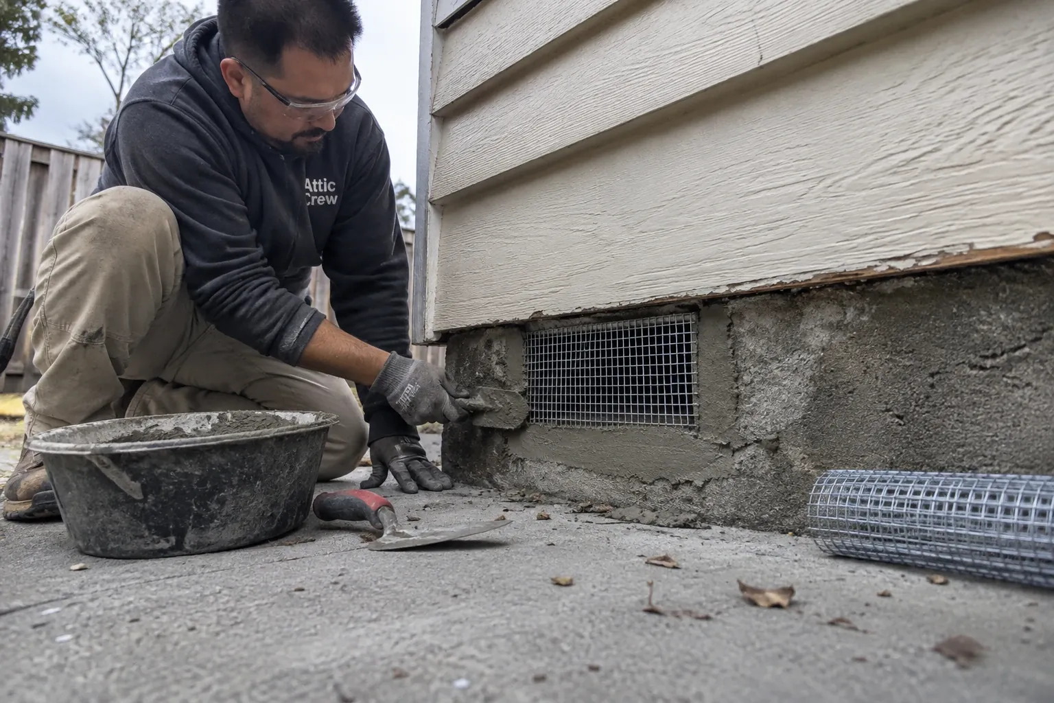 Setting a new mesh screen into a foundation vent with mortar.