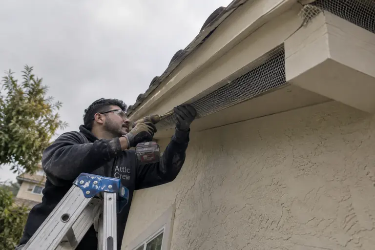 Sealing gaps along the eaves from a ladder.